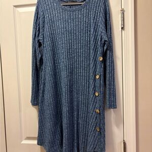 Chic Blue Long Sleeve Dress with Button Details & two pockets
